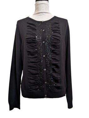Liz Claiborne Black Ruched & Sequin Button-Front Silk Blend Cardigan XL